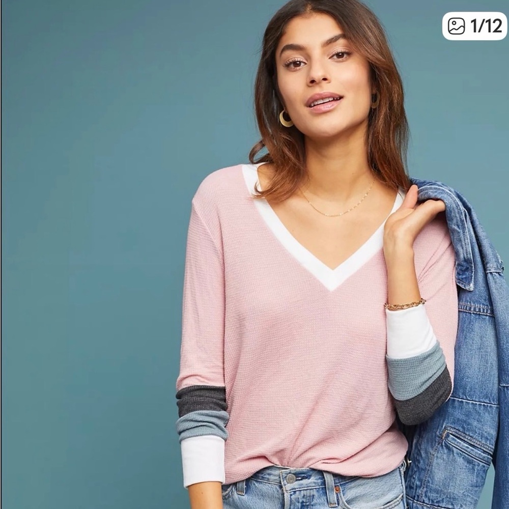 WILDFOX color Blocked Leroy waffle knit V-Neck Tee